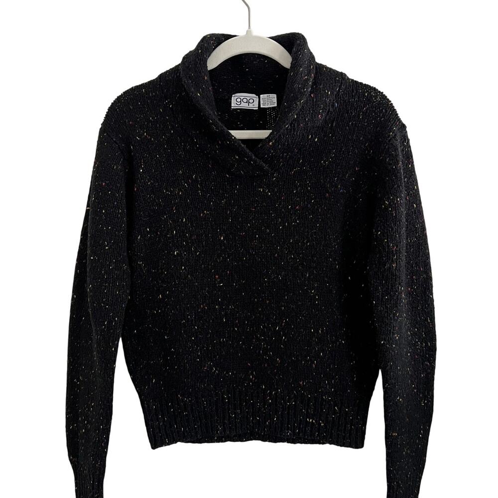 Vintage Gap Black Wool Speckled Knit Sweater Shawl Collar Fisherman Women Size M